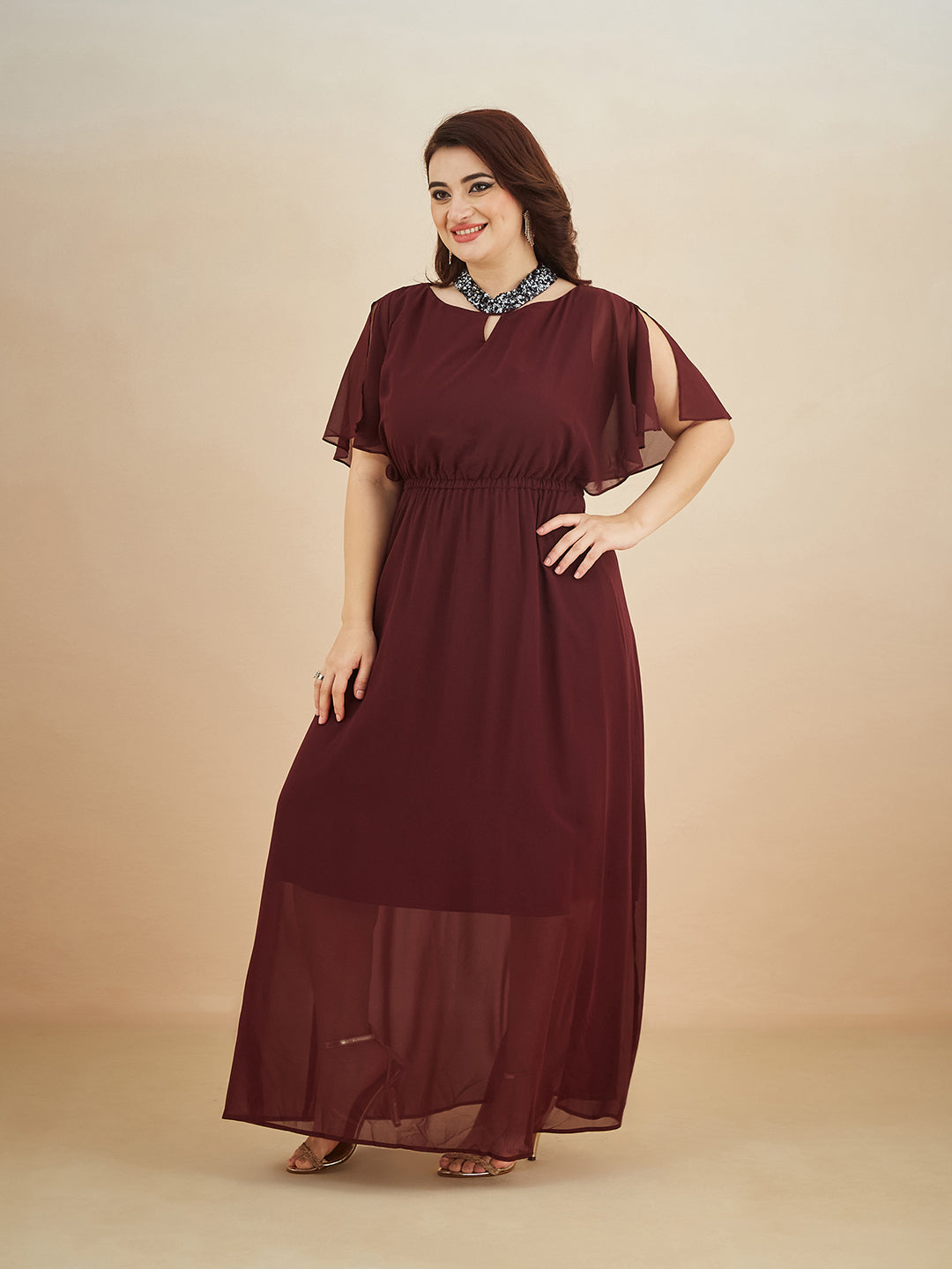 Wine Red Round Neck Flared Solid Embellished Choker/Gathered Maxi Dress for Women