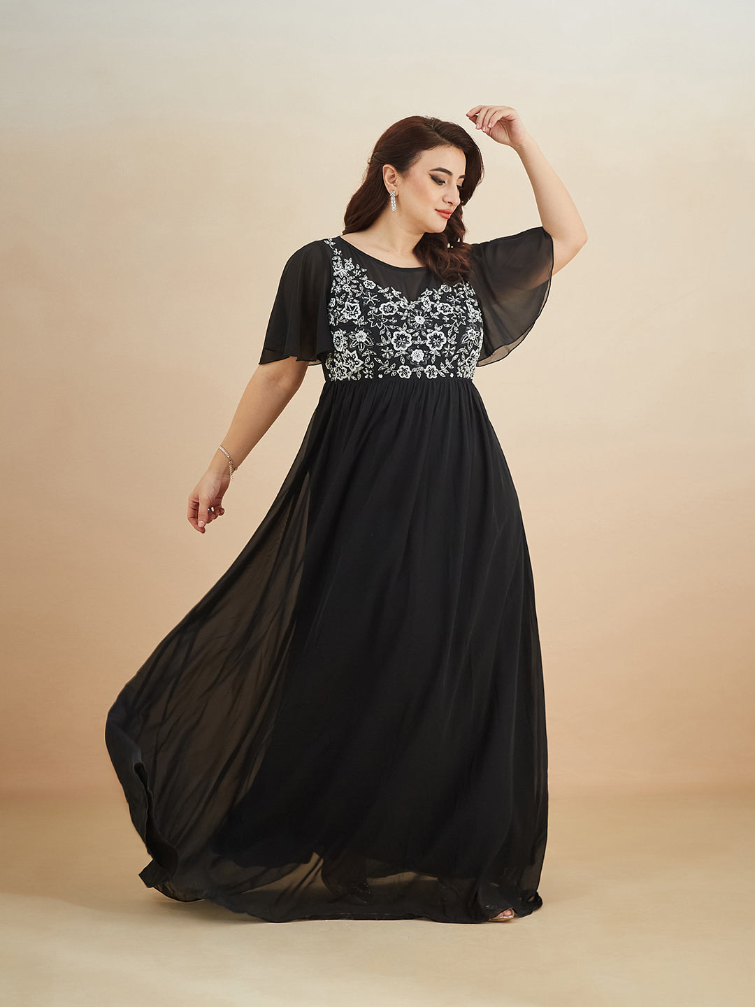 Black Embellished Gathered Maxi Dress for Women
