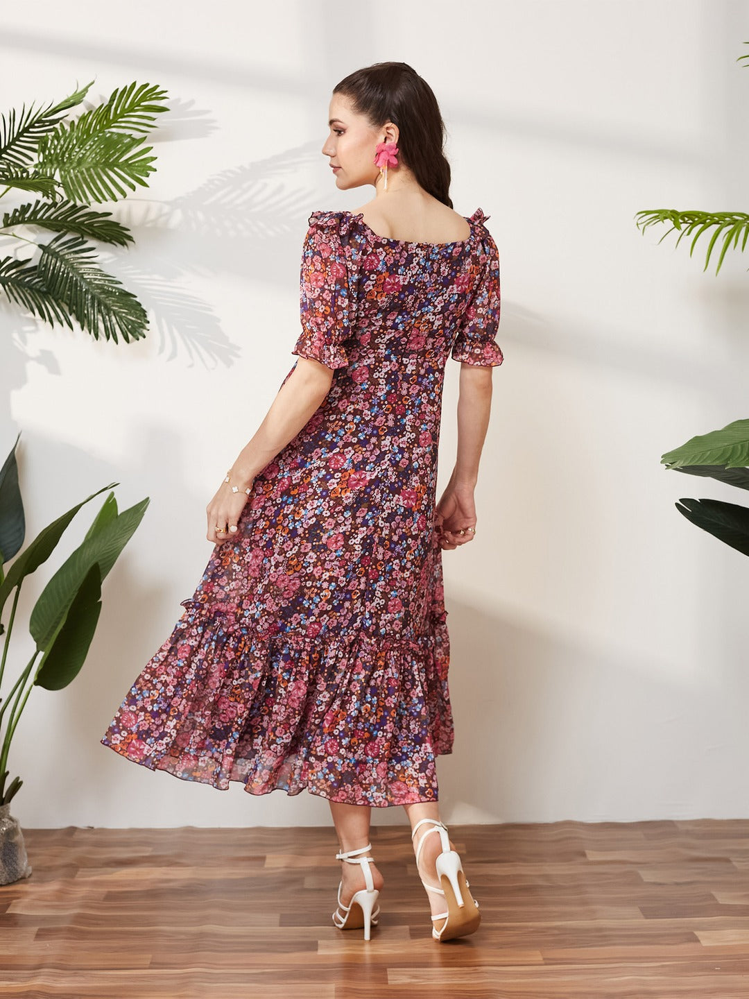 Wine V-Neck Puff Sleeve Floral Ruching Ankle-Length Dress for Women