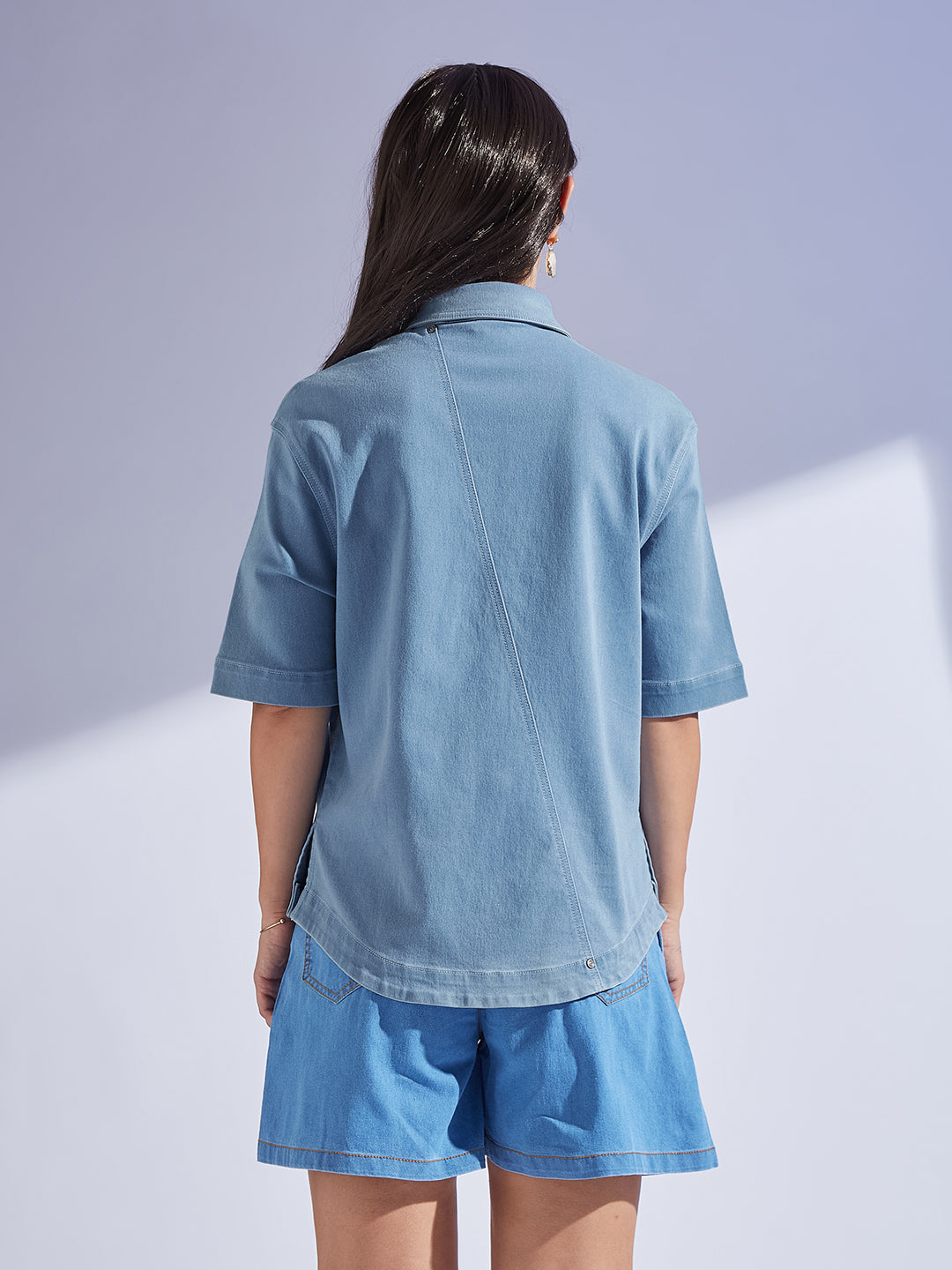 Women's Light Blue Shirt Collar Half Sleeve Asymmetrical Panelled Regular-Length Denim Shirt