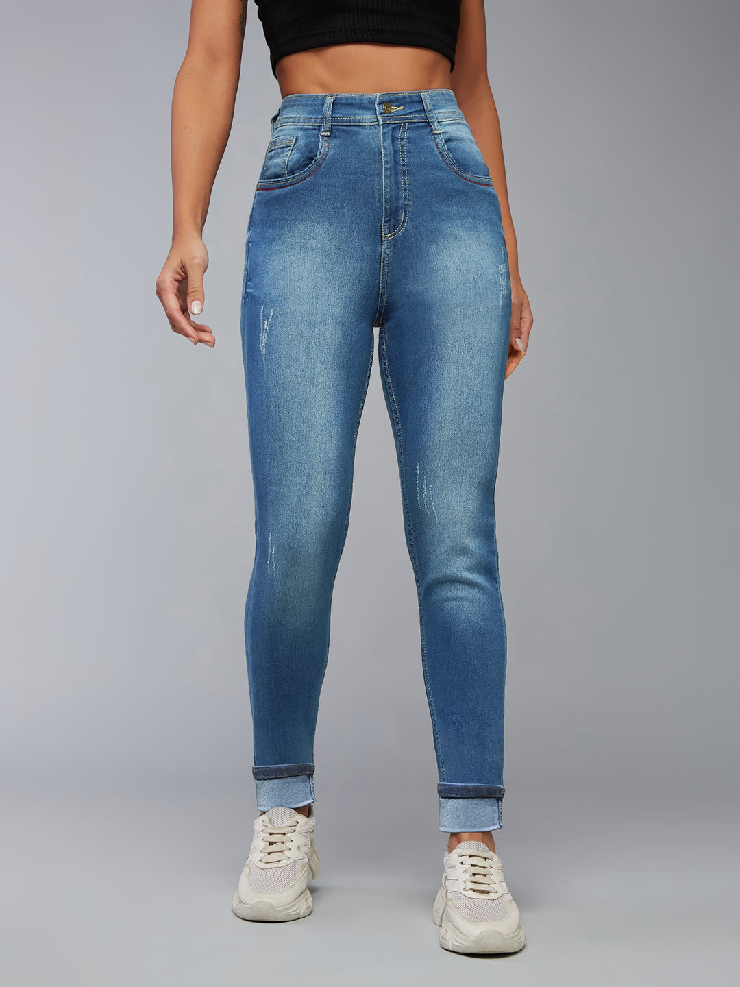 Women's Blue Skinny Fit High Rise Clean Look Regular Length Twill Tape Detailing Scraped Stretchable Denim Jeans