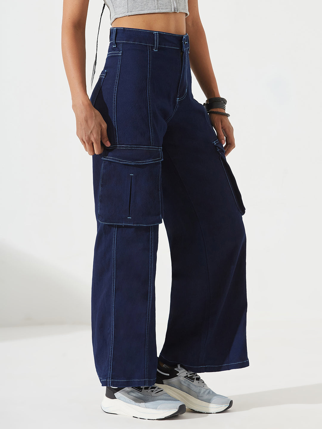 Navy-Blue Wide-Leg High-Rise Regular Stretchable Denim Jeans for Women