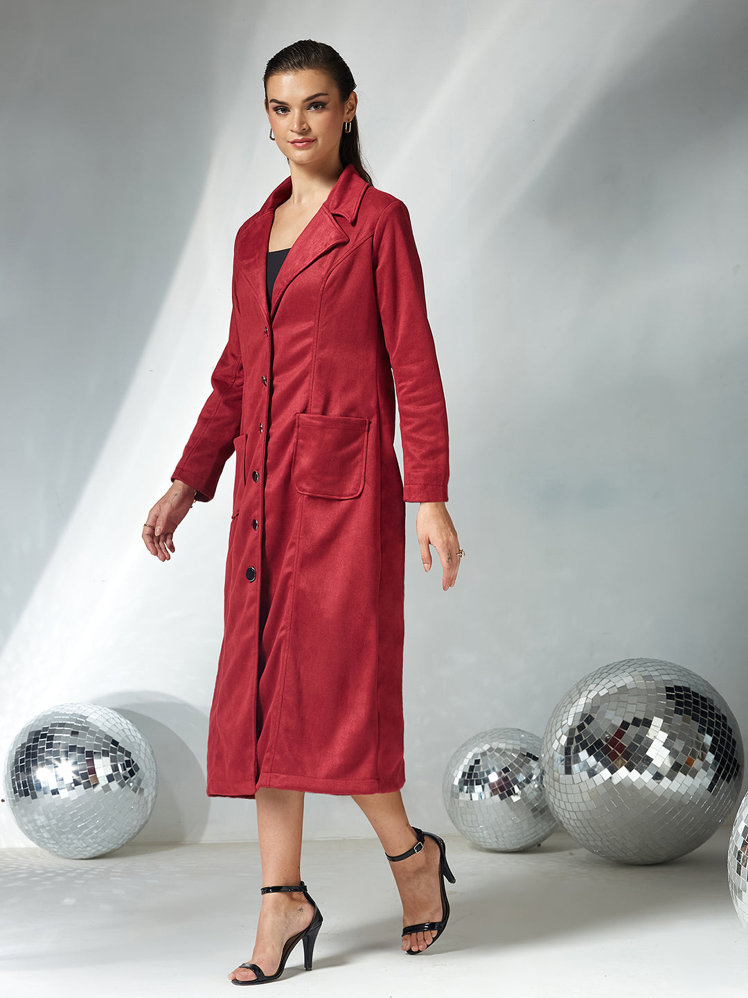 Women's Dark Red Solid V-Neck Full Sleeves Patched Pocketed Polyester Button Down Longline Winter Wear Jacket