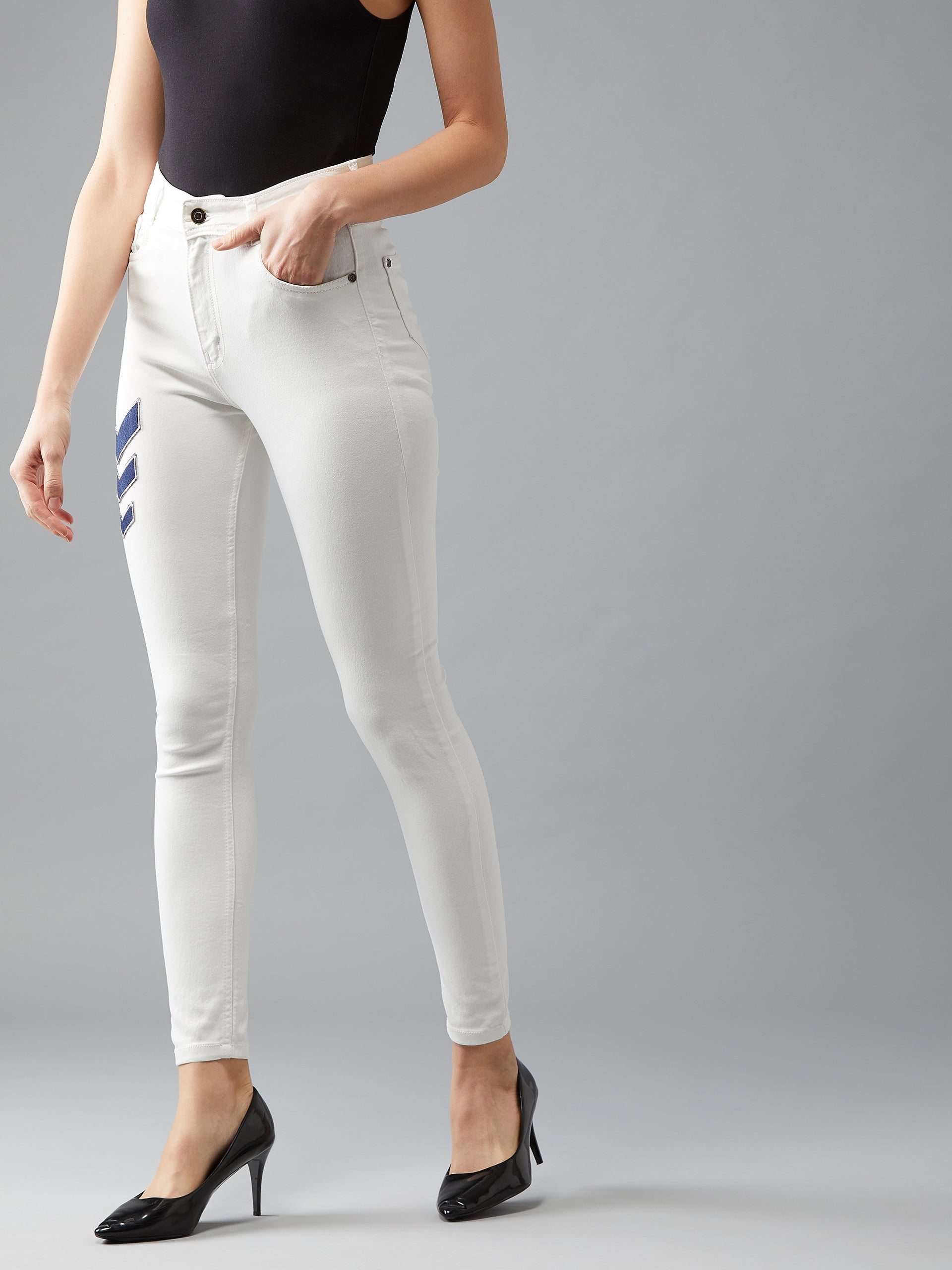 Women's White Skinny Fit High Rise Clean Look Patchwork Detailing Regular Length Stretchable Denim Jeans