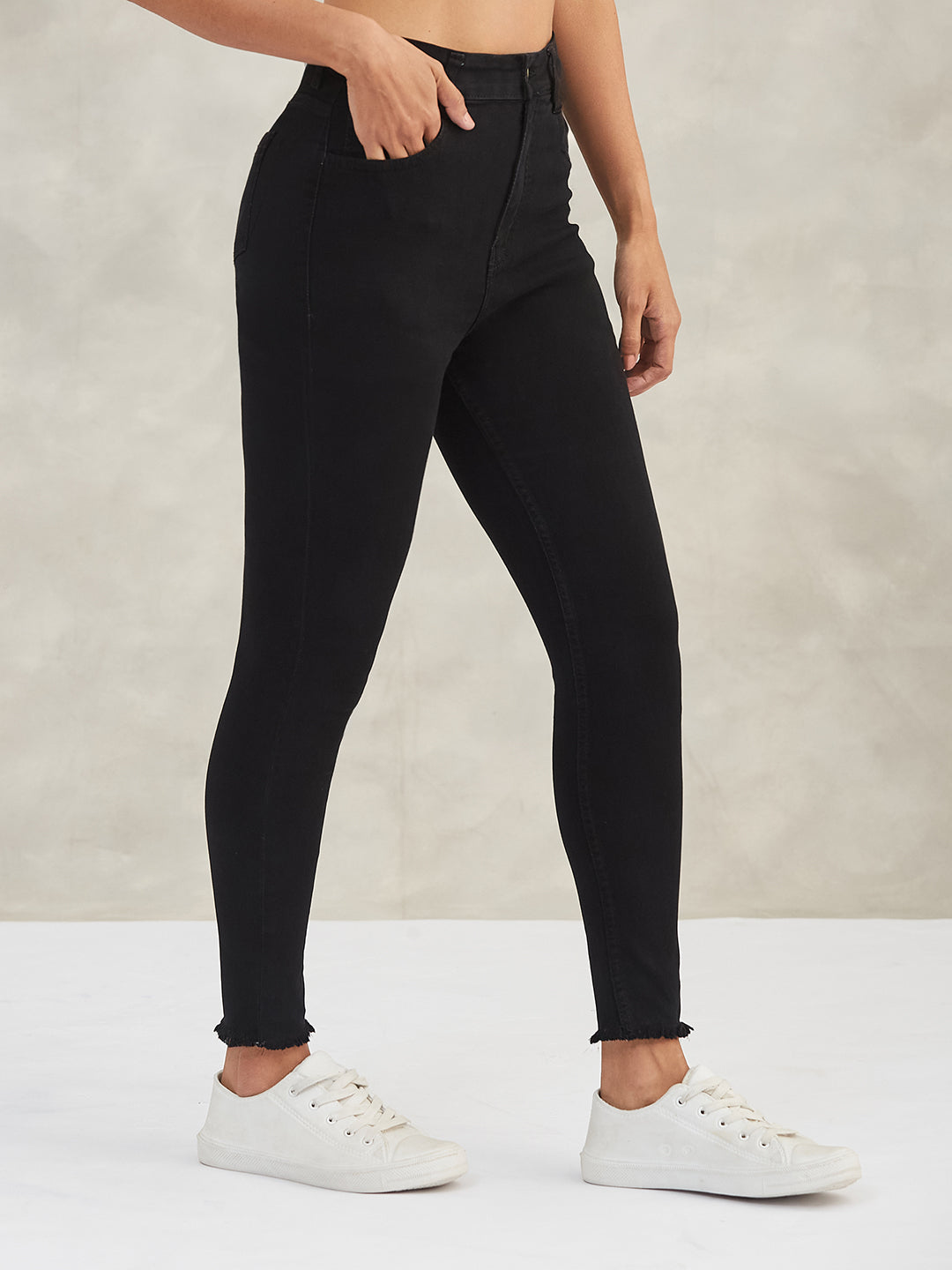 Black Skinny-Fit Fringe-Detailing High-Rise Solid Cropped Stretchable Denim Jeans for Women
