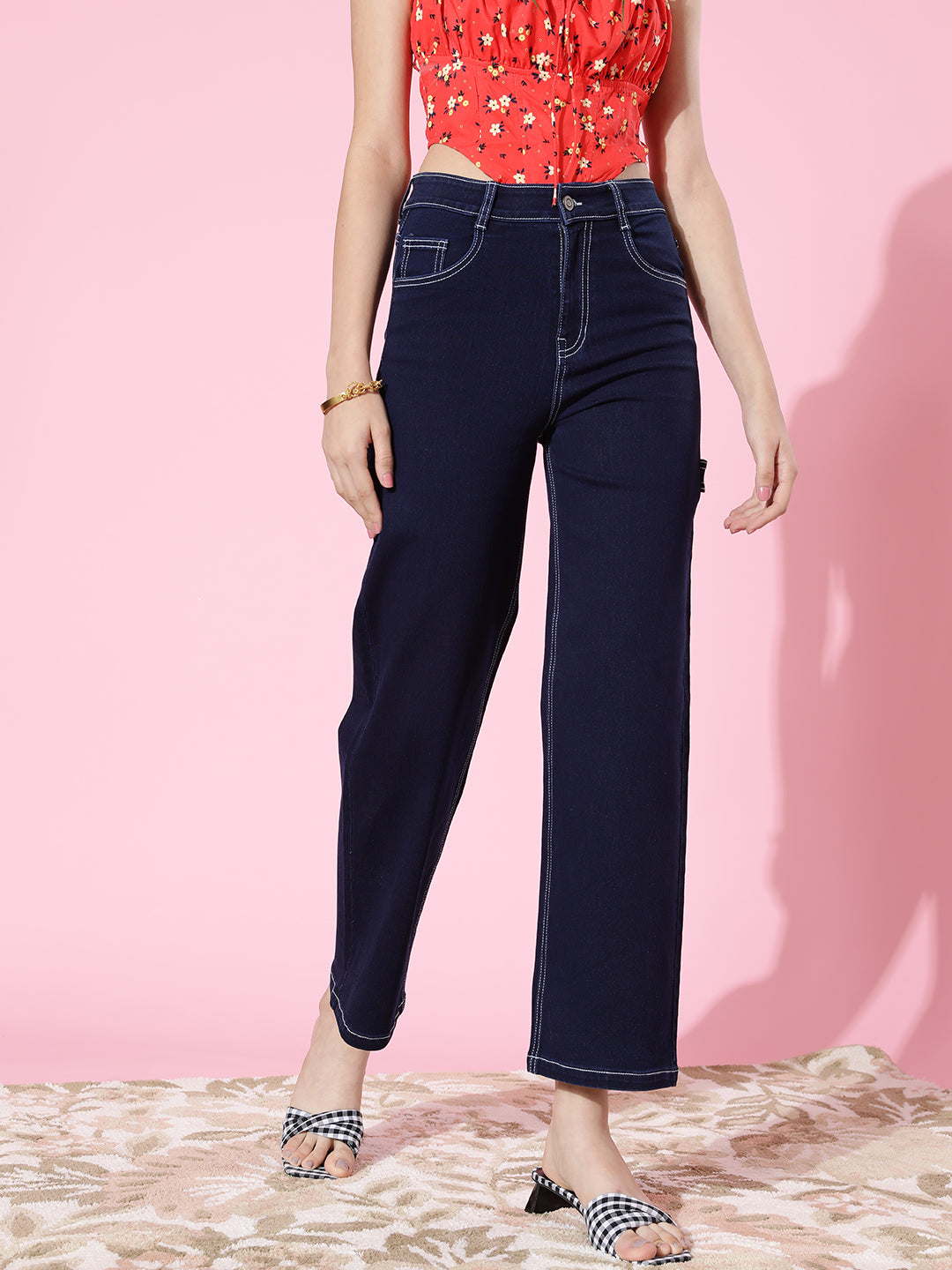 24/7 Comfort Women's Navy Blue Wide Leg High rise Stretchable Denim Jeans