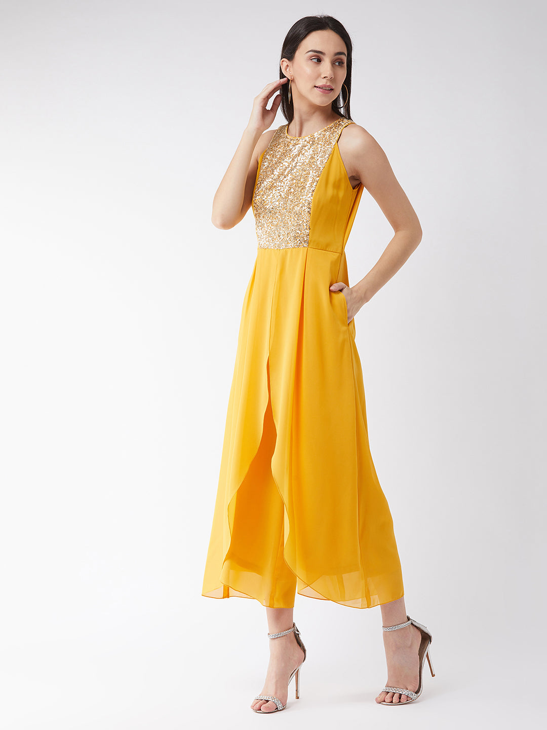 Women's Mustard Halter Neck Sleeveless Sequined Party Jumpsuit