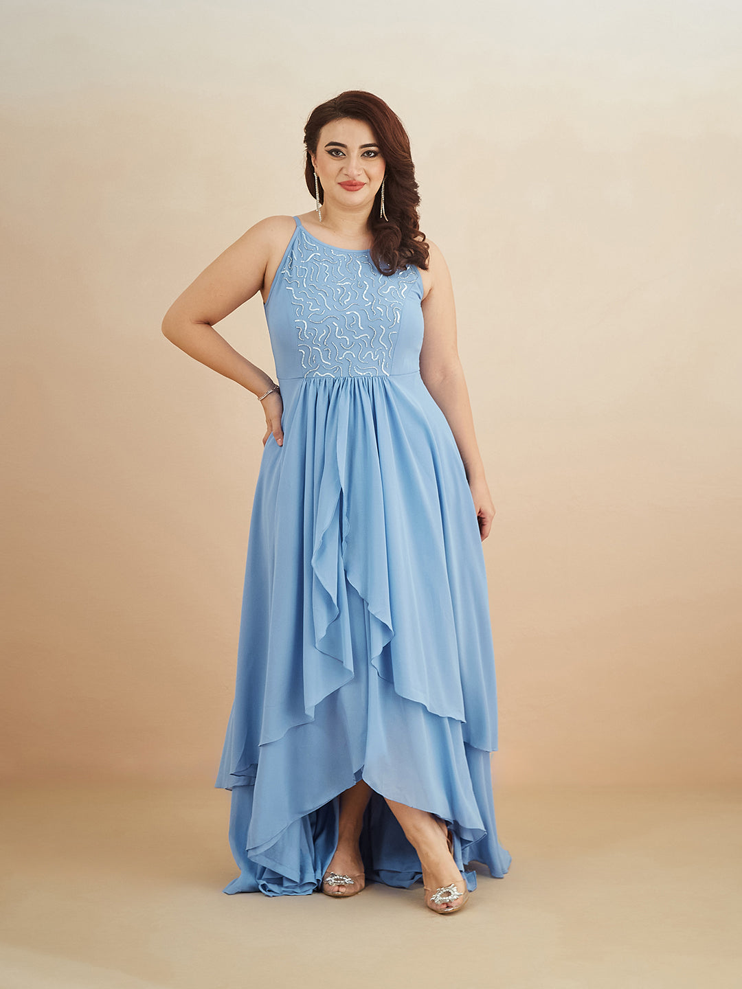 Powder Blue Halter-Neck Sleeveless Embroidered Layered Georgette Maxi Dress for Women — Miss Chase A+