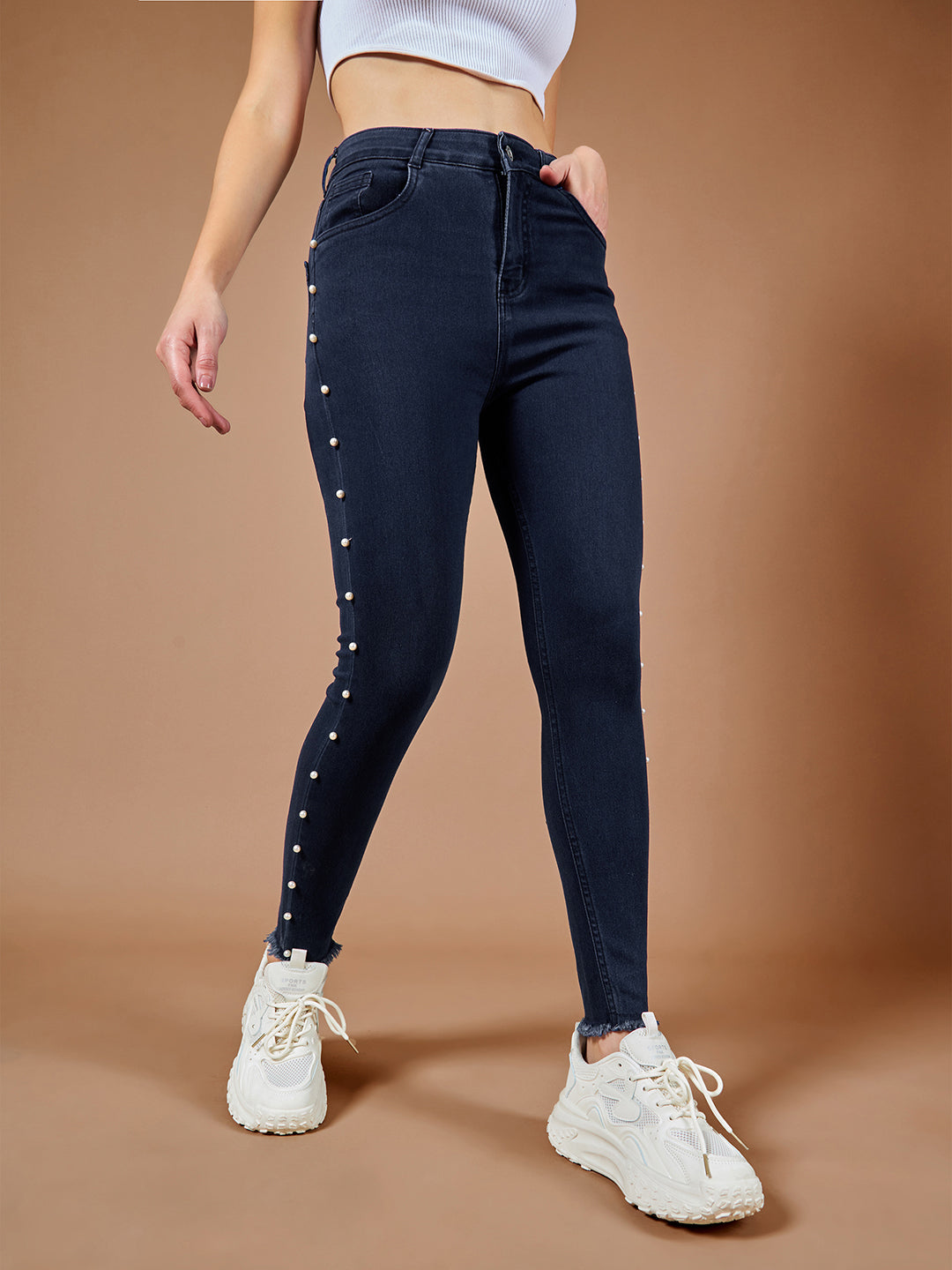 Women's Navy Blue Cotton Skinny Fit Cropped High Rise Stretchable Denim Jeans