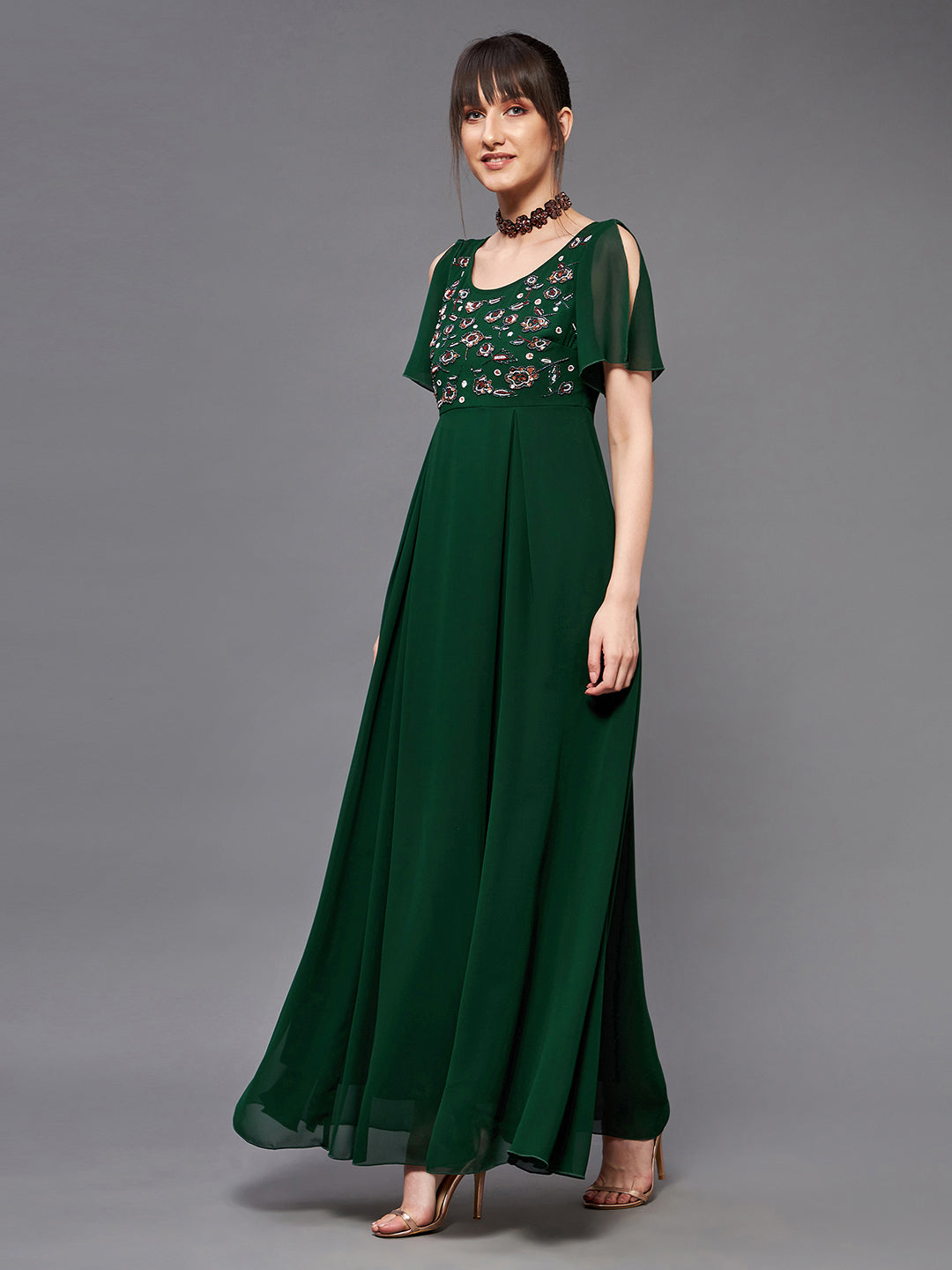 Women's Dark Green Round Short Slit Sleeve Solid Embellished Georgette Maxi Dress