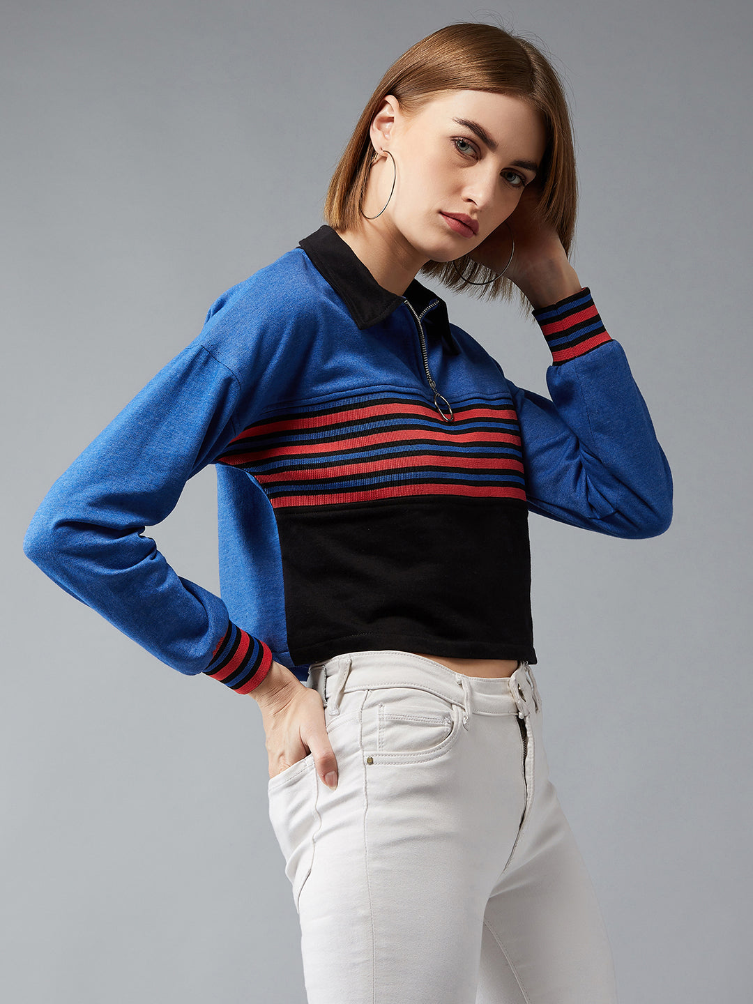 Women's Multicolored- Base- Azure Blue Collared Full Sleeves Loopknit, Rib Striped Color-Block Boxy Cropped Sweatshirt