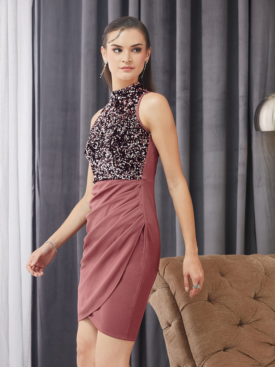 Women's Mauve Halter Neck Sleeveless Embellished Pleated Above-Knee Dress