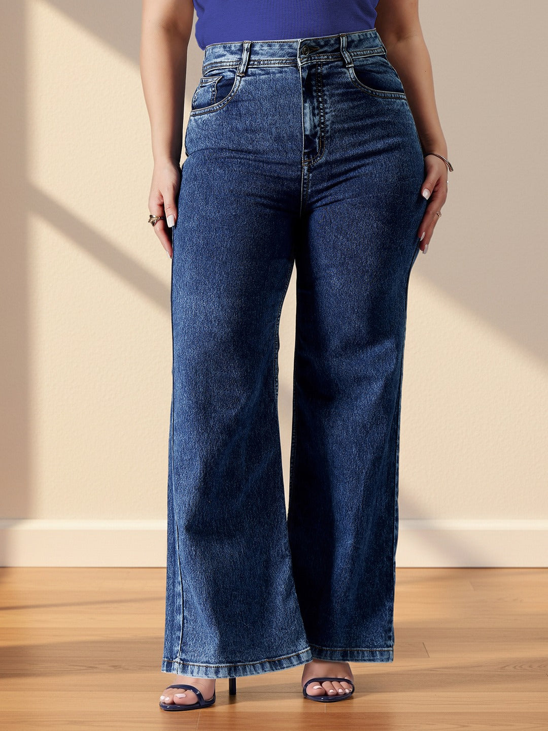 Mid Blue Wide-Leg High-Rise Stretchable Denim Jeans for Women