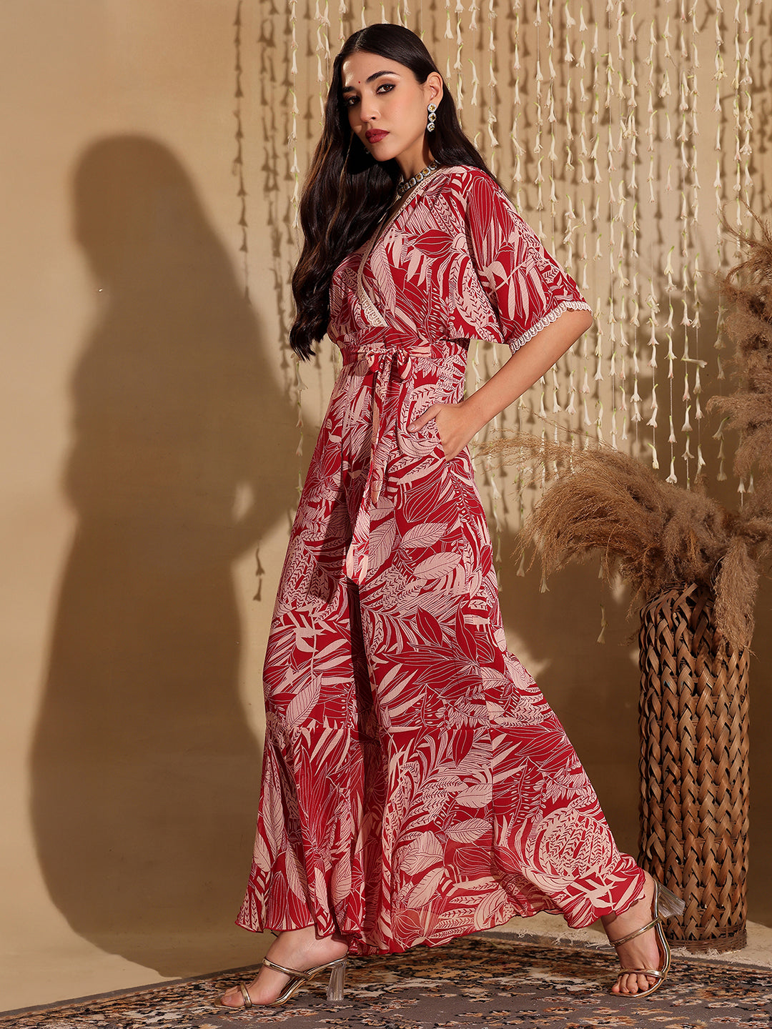 Women's Multicolored-Base-Maroon V-Neck Half Sleeve Floral Kimono Regular-Length Chiffon Jumpsuit