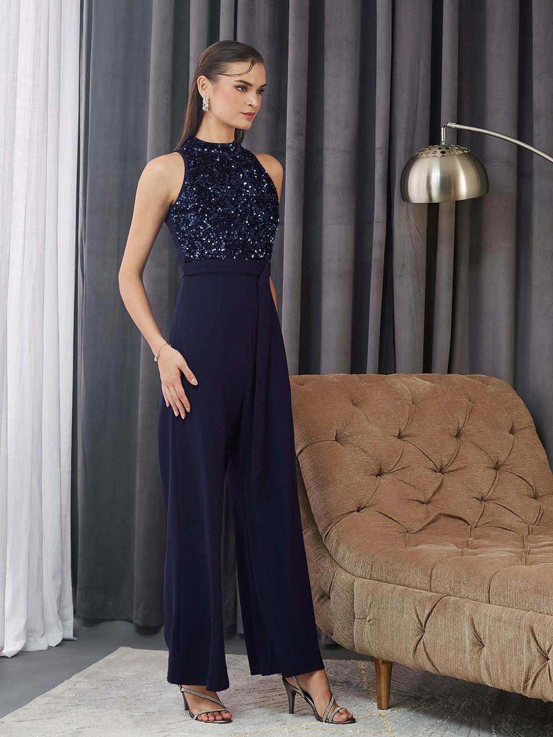 Women's Navy Blue Halter Neck Sleeveless Embellished Regular-Length Jumpsuit
