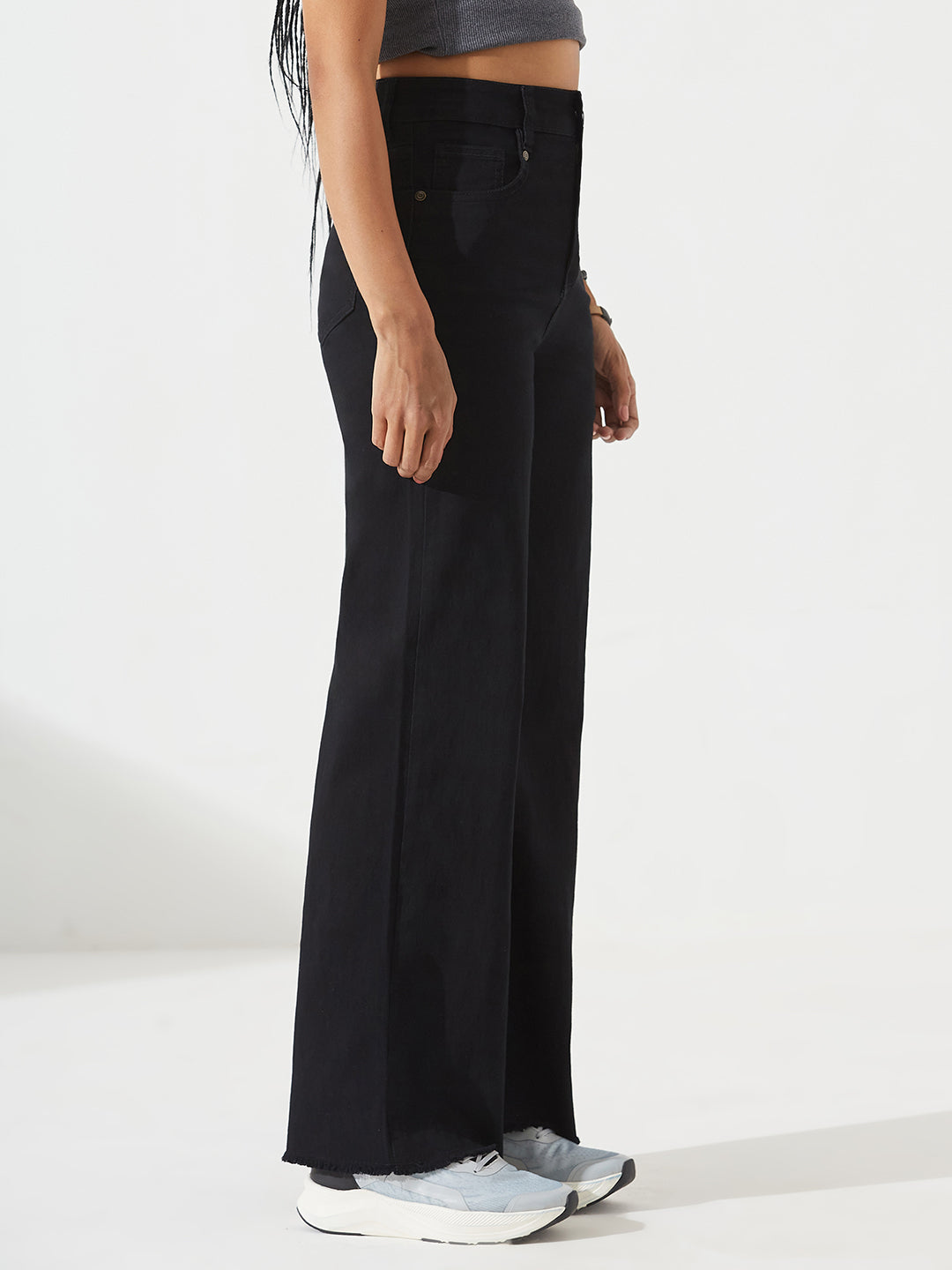 24/7 Comfort Black High-Rise Stretchable Wide-Leg Denim Jeans for Women