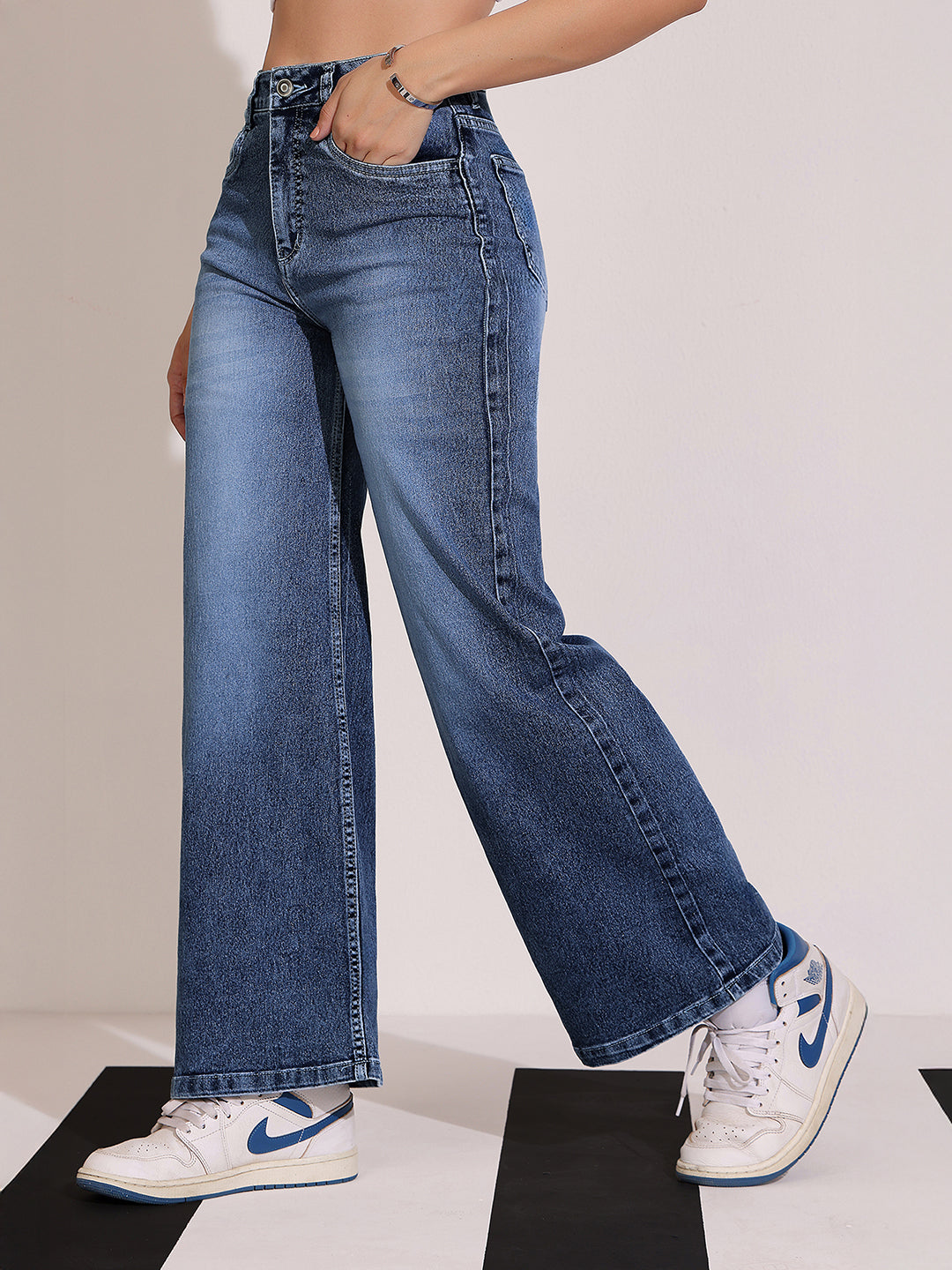 24/7 Comfort Light Blue Wide-Leg High-Rise Clean-Look Regular-Length Stretchable Denim Jeans