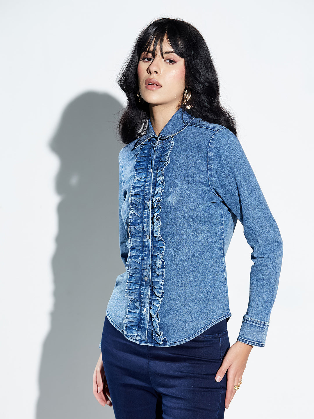Navy Blue Ruffled Placket Denim Shirt with Pearl Buttons for Women