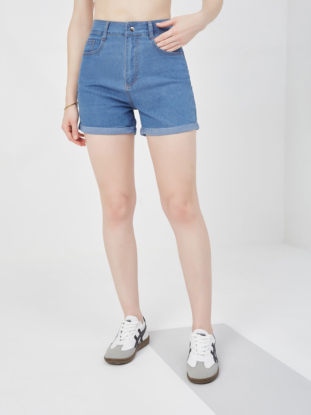Blue Relaxed Fit Mid Rise Light Weight Denim Shorts for Women