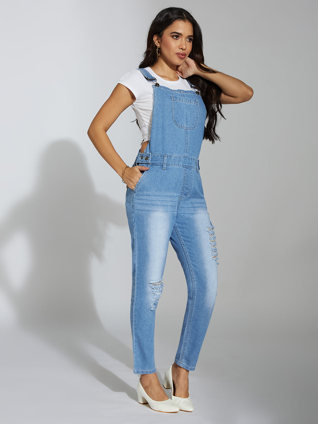 Women's Light Blue Regular Fit Mid Rise Ripped Denim Dungaree
