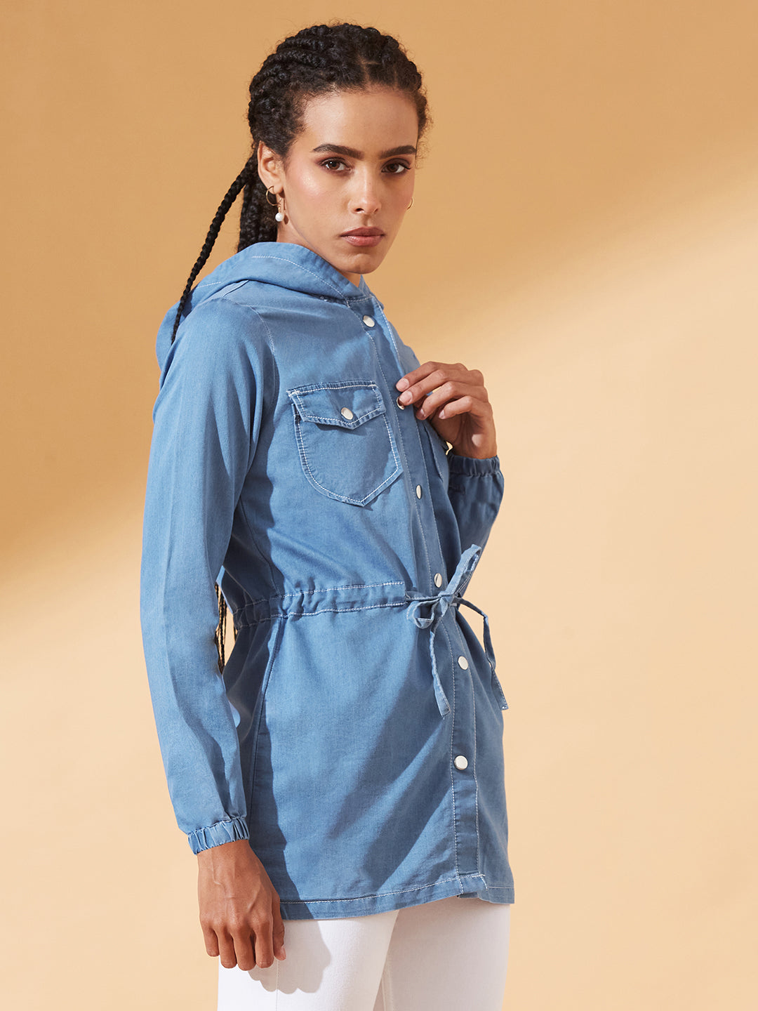 Light-Blue Round Neck Full Sleeve Solid Long hoodie with tie-up Regular Jacket for Women