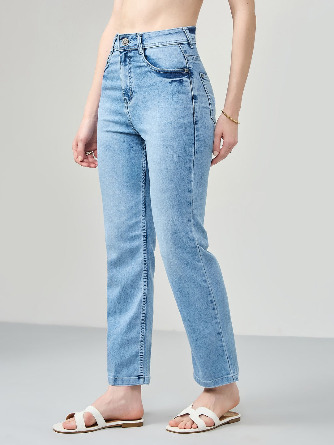 Light Blue Wide-Leg Fit high-rise Stretchable Denim Jeans for Women