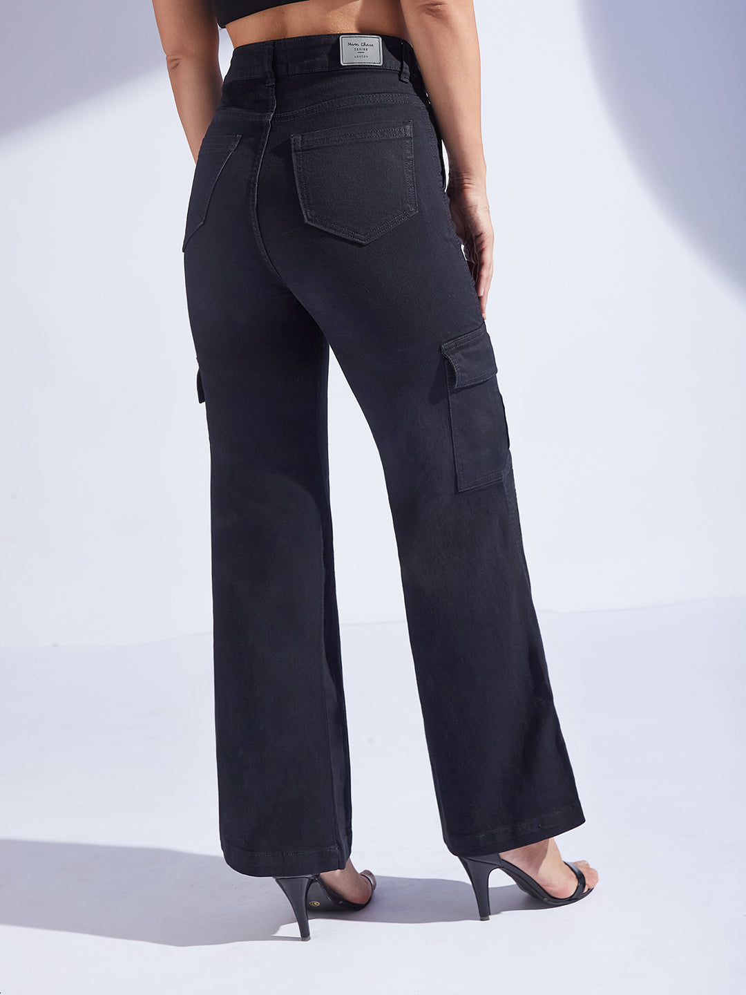 Women's Black Wide-Leg High-Rise Stretchable Denim Cargo Jeans