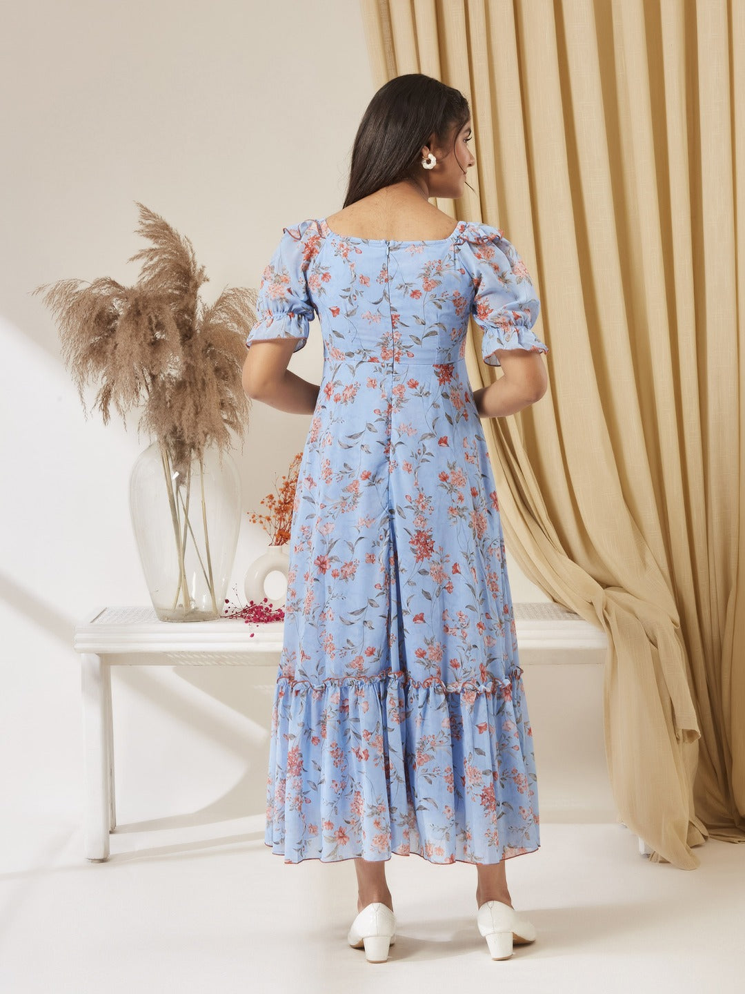 Powder Blue V-Neck Puff Sleeve Floral Ruching Ankle-Length Dress for Girls/Teenagers