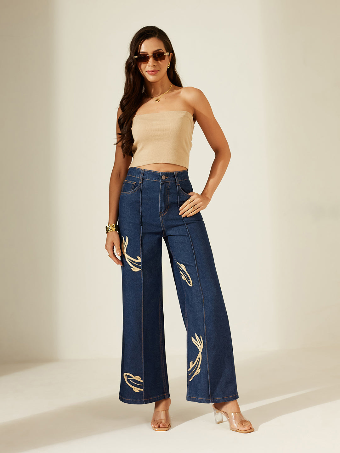 Navy Blue Wide-Leg High-Rise Non-Stretchable Denim Jeans with Hand-Crafted Contrast Beige Embroidery for Women