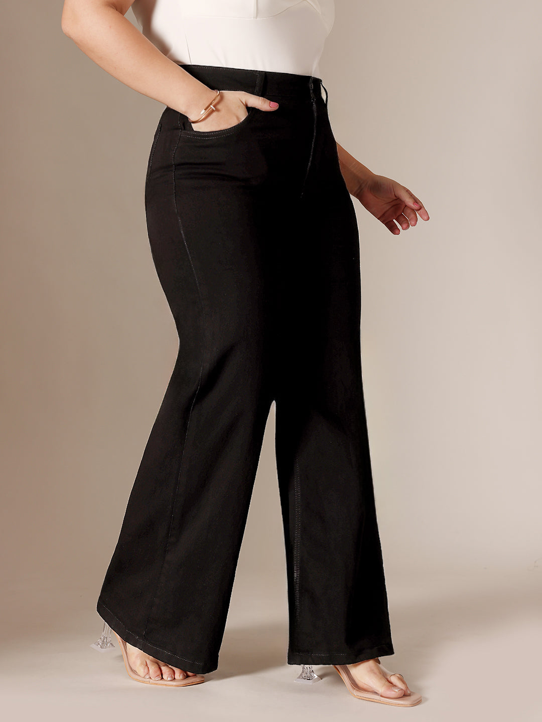 Black Wide Leg High Rise Clean Look Regular-Length Stretchable Denim Jeans for Women