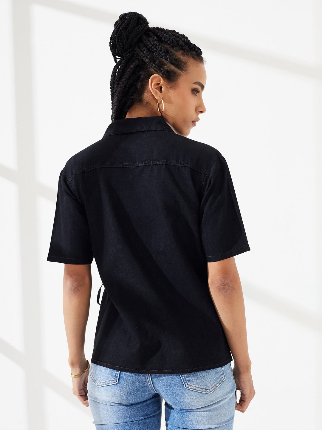 Black Shirt Collar Short-Sleeves Tie Up Solid Denim Shirt for Women
