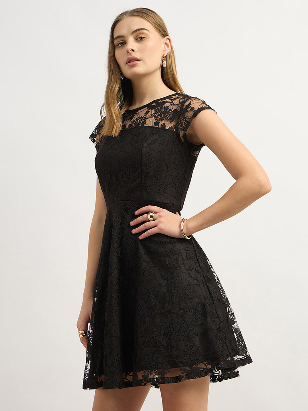 Women's Black Round Neck Cap Sleeves Low Back Lace Skater Dress