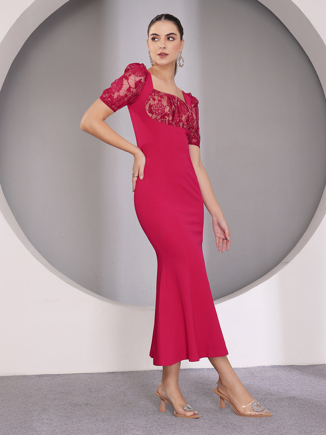 Women's Dark Pink Square Puff Sleeve Solid Lace Overlaid Ankle Length Dress