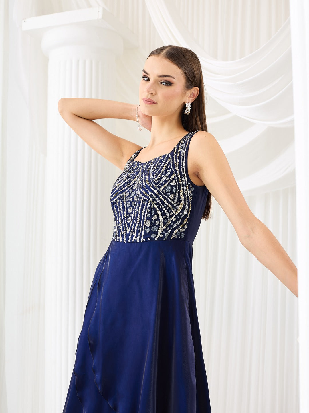 Sleeveless Navy Blue Gown in Embroidered Layered Premium Satin for Women