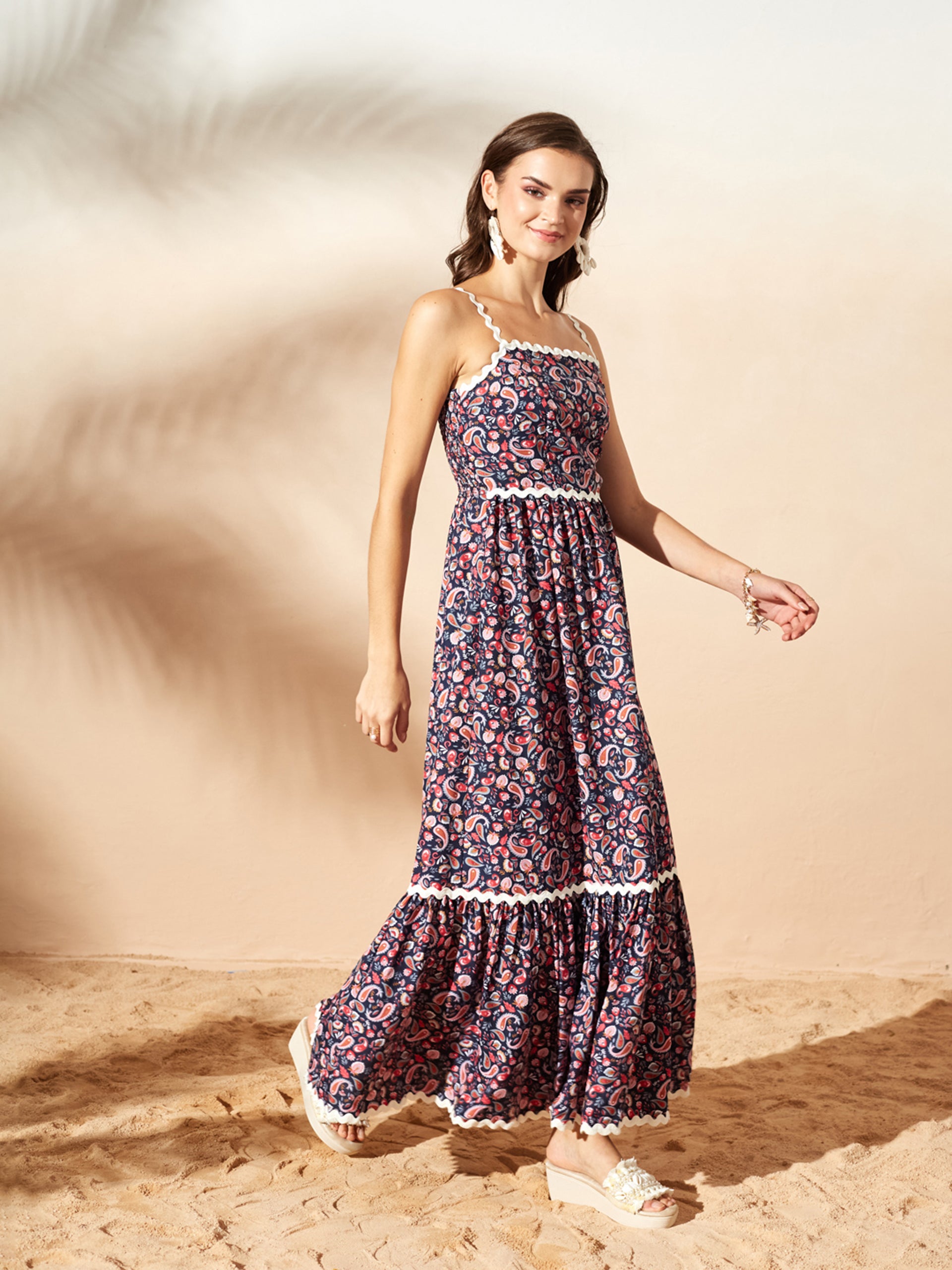 Navy Bohemian Multicolored Tiered Maxi Dress with Square Neck and Smocked Back for Women