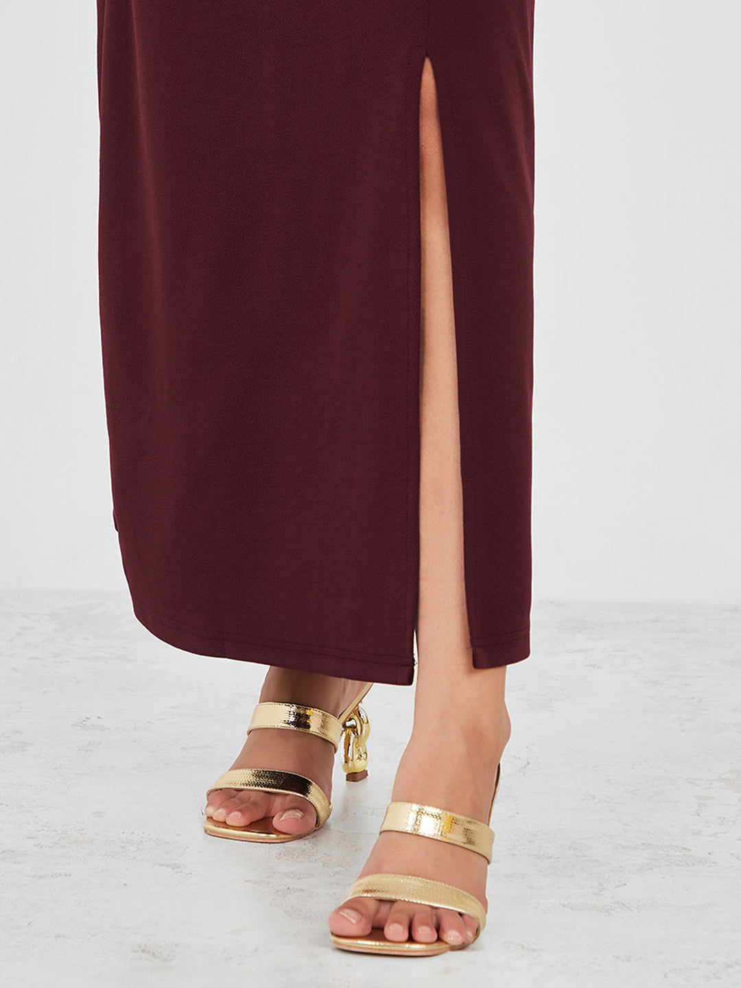 Women's Wine Red Fringed Halter-Neck Sleeveless Solid Maxi Front Slit Dress