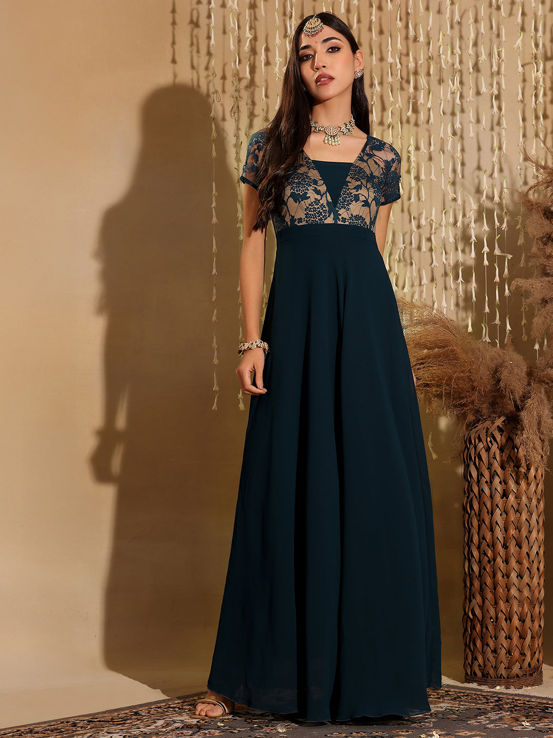 Women's Teal Square Neck Raglan Short Sleeve Self Design Lace Overlaid Georgette Maxi Dress