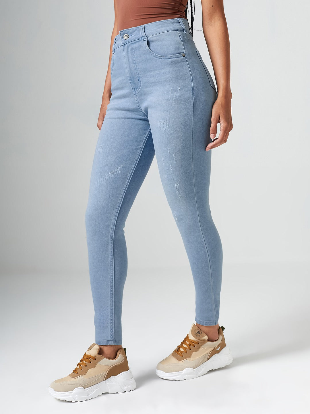 Light Blue Skinny High Rise Mild Distress Regular Stretchable Denim Jeans for Women