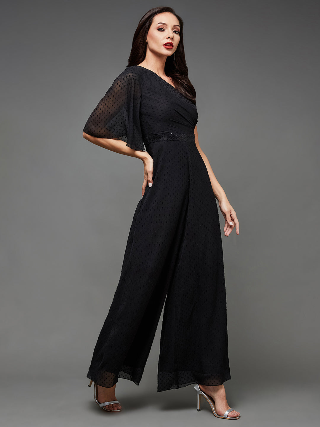 Women's Cocktail Black Flared Sleeve Sequined One Shoulder Chiffon Party Jumpsuit