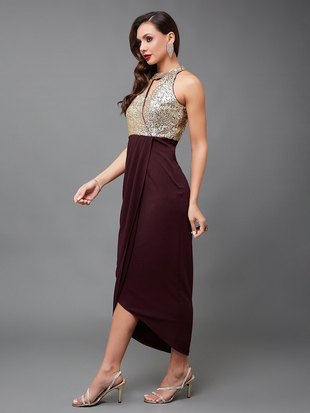 Crease Ease Women's Wine Halter Neck Sleeveless Gold Sequined Party Midi Dress