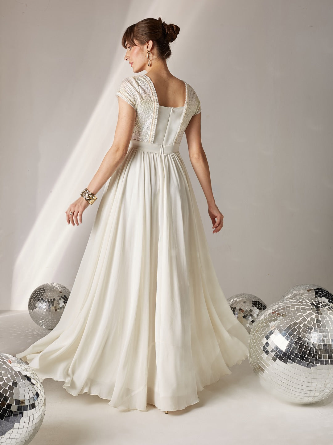 Off White Square Neck Frilled Self Designed Panelled Georgette Maxi Dress for Women