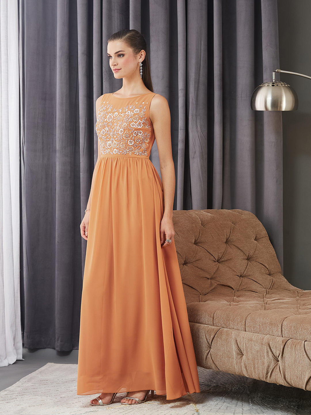 Women's Dusty Orange Boat Neck Sleeveless Embroidered Georgette Gathered Maxi Dress