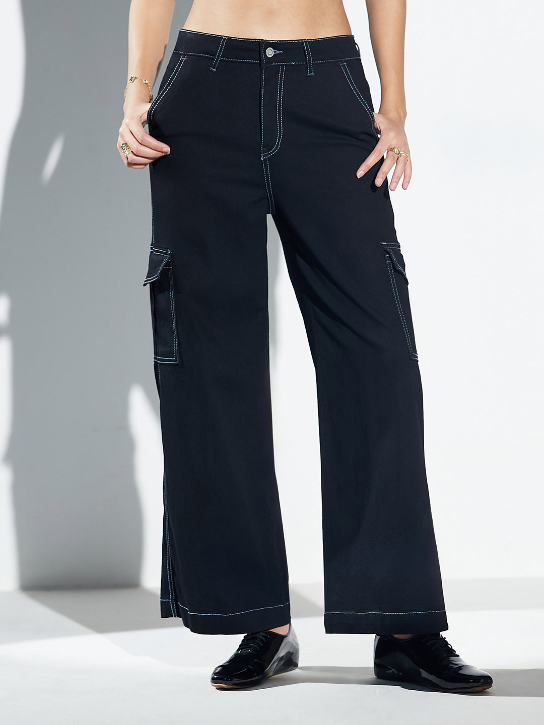 Black Acid Wash High-Rise Wide-Leg Cargo Denim Jeans with Tagging & 6 Pockets for Women — Miss Chase