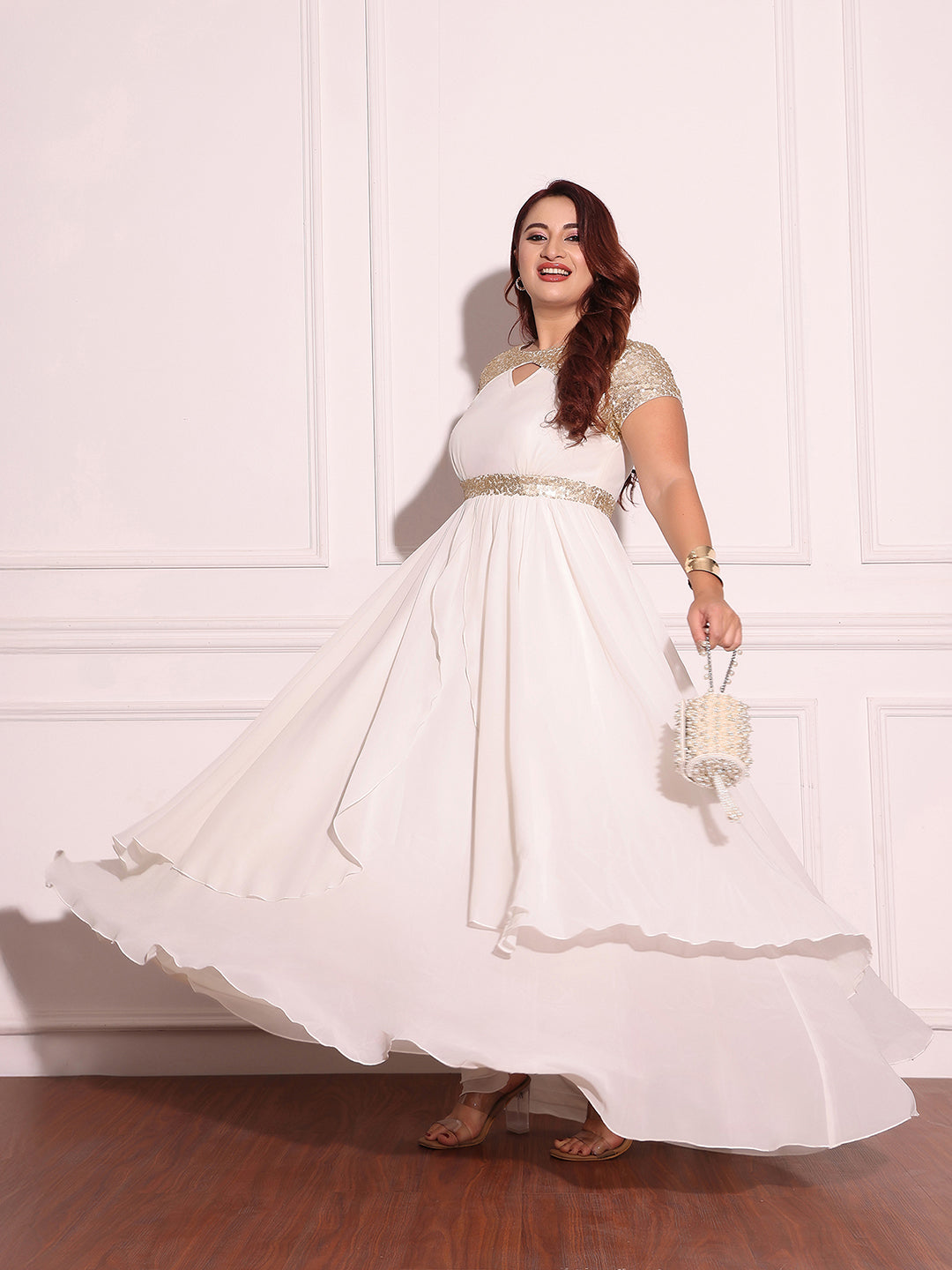 Women's Off White Keyhole-Neck Short-Sleeved Embellished Layered Georgette Maxi Dress