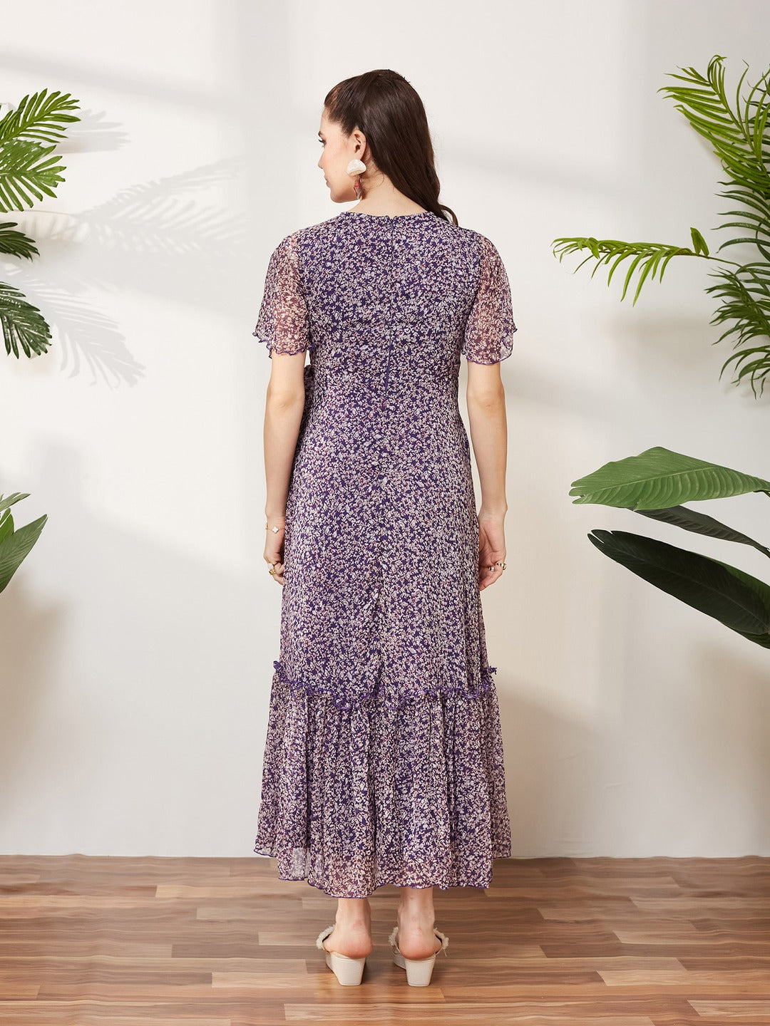 Purple V Neck Flared Sleeve Floral Wrap Chiffon Maxi Dress for Women