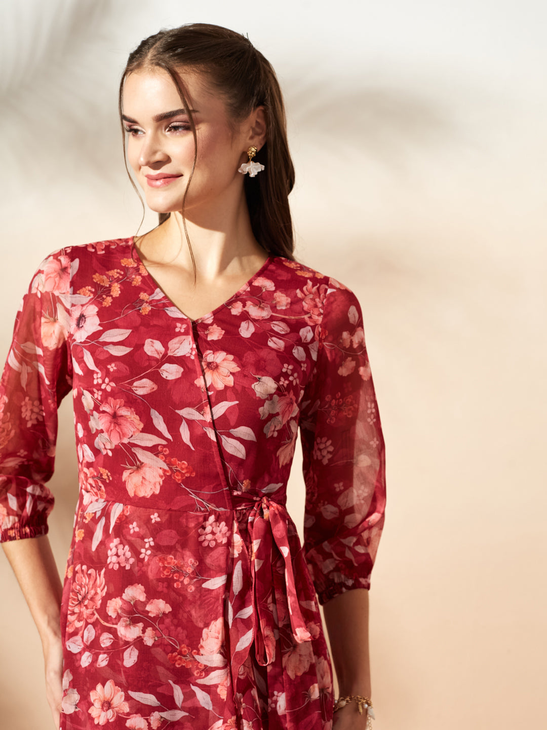 Women’s Multicolored Maroon Floral V-Neck 3/4 Sleeve Wrap Midi Chiffon Dress for Women — Miss Chase