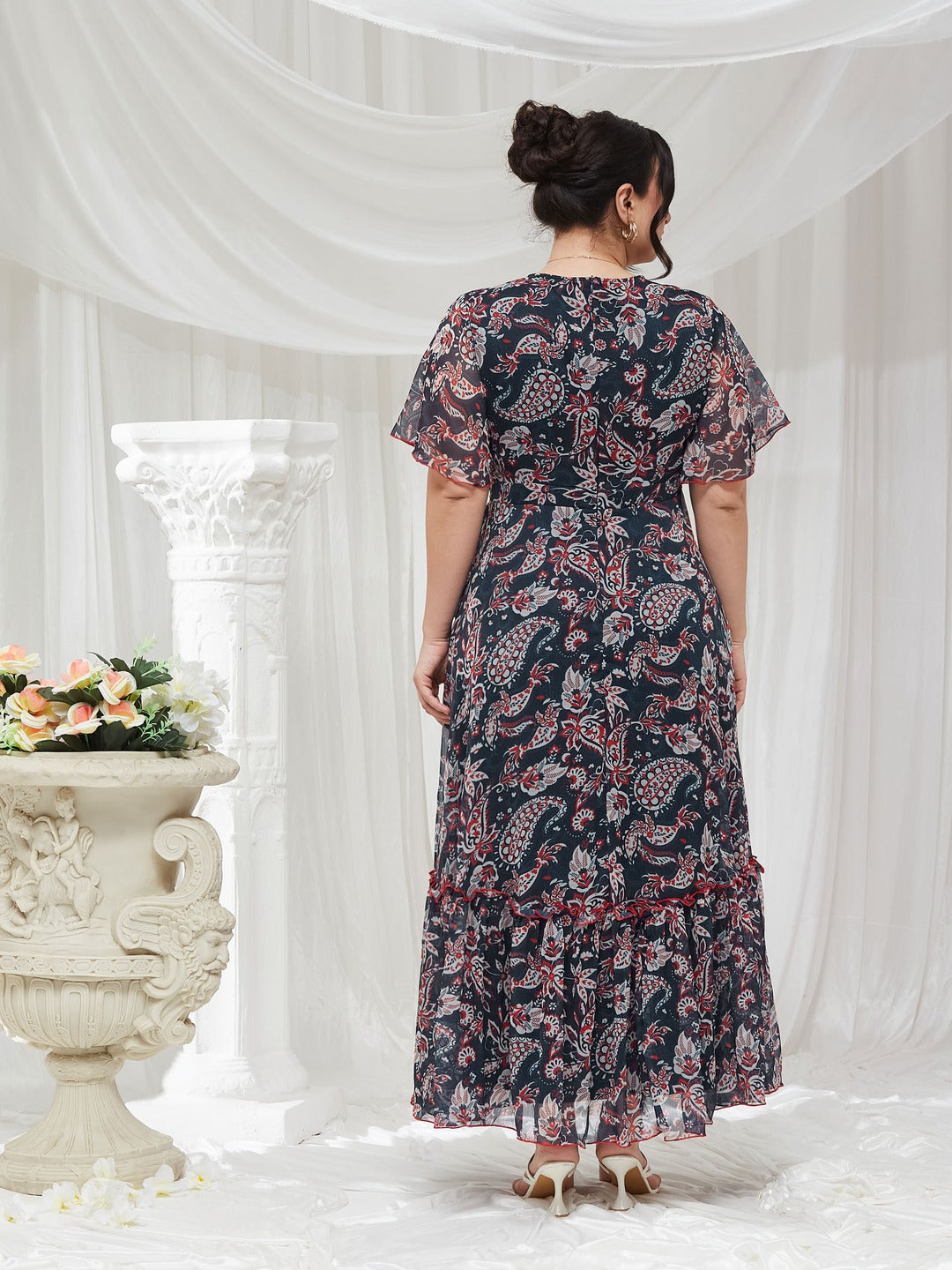 Navy Floral Wrap Chiffon Maxi Dress with Flutter Sleeves & Frilled Hem for Women — Miss Chase A+