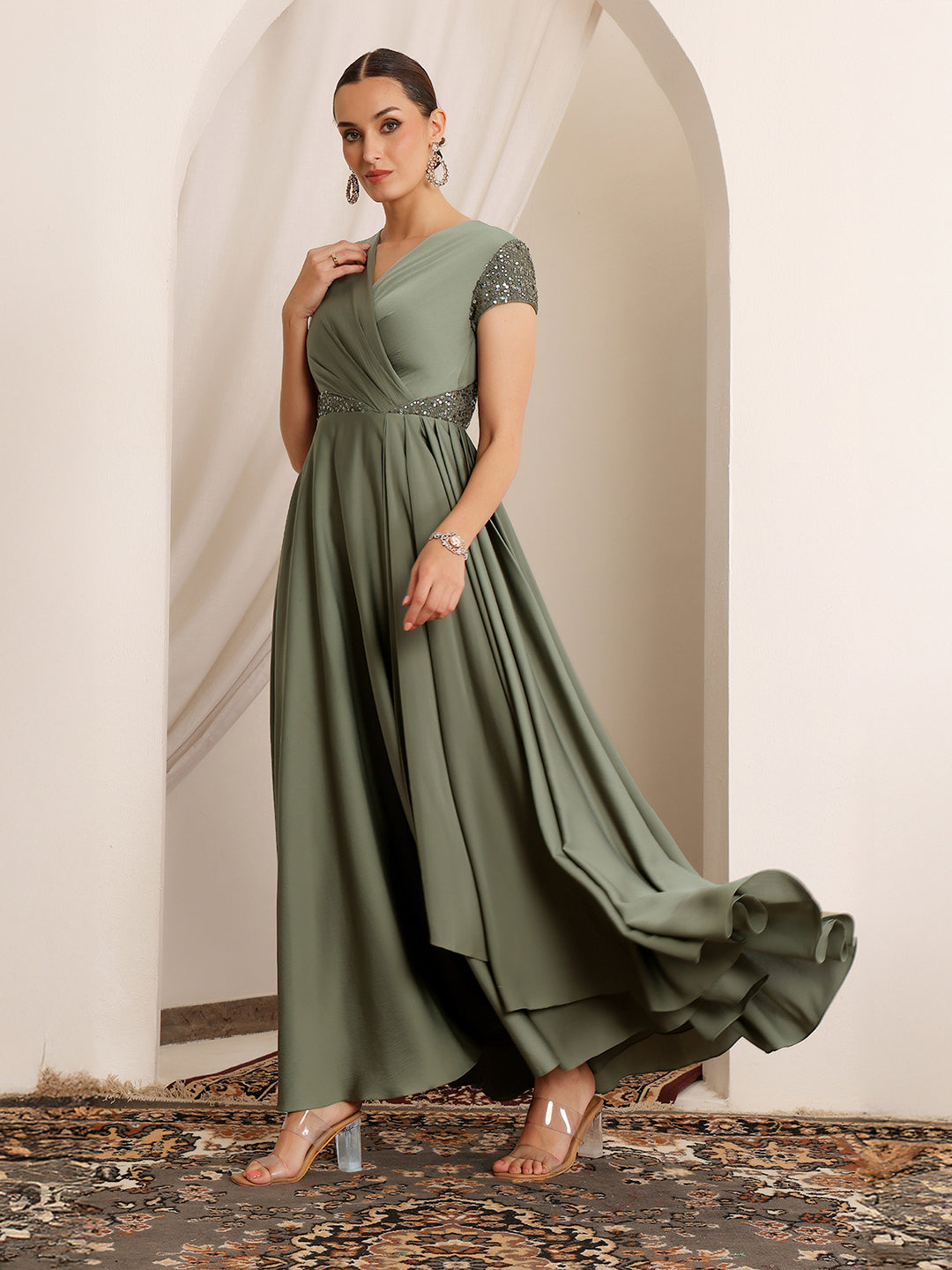 Women's Embellished Pale Olive Gown in Asymmetric Draped Premium Satin