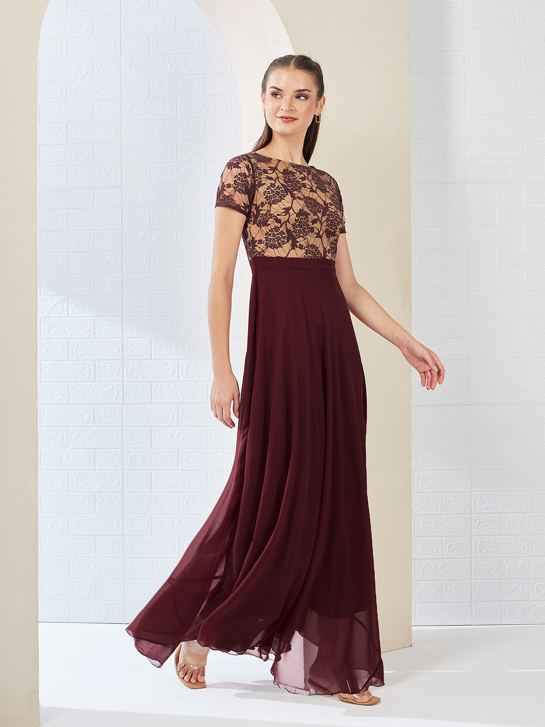 Wine & Beige Relaxed Fit Regular Georgette Dress for Women