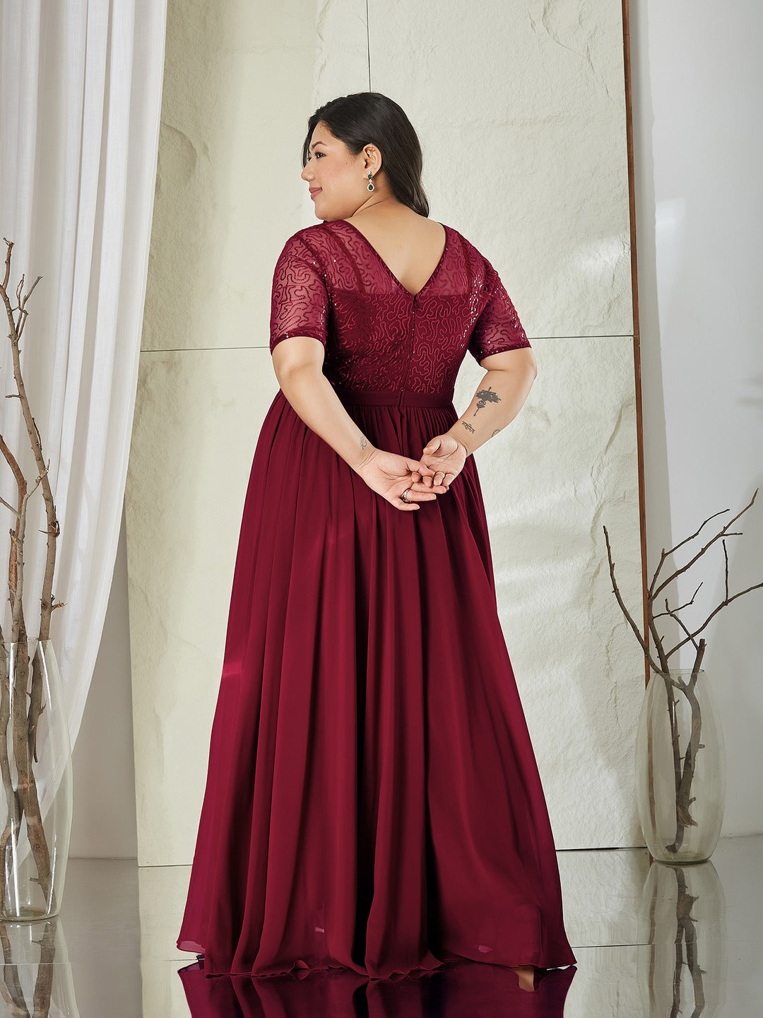 Maaroon Relaxed Fit Maxi Georgette & Sequins Dress for Women